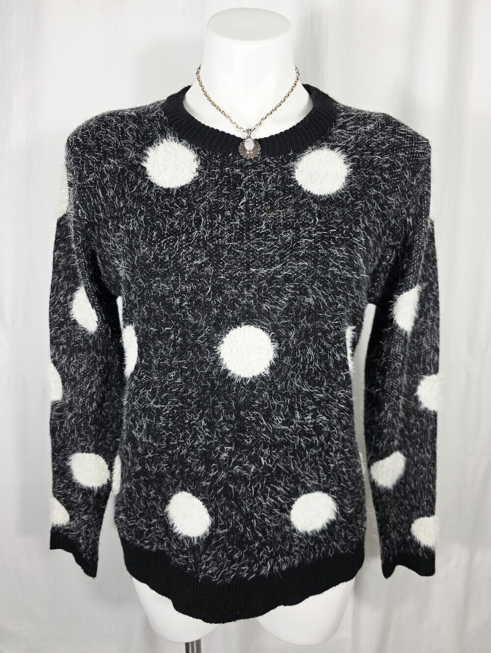 For the Republic Fuzzy Polka Dot Sweater | Size Large | Soft Eyelash Knit | Blac